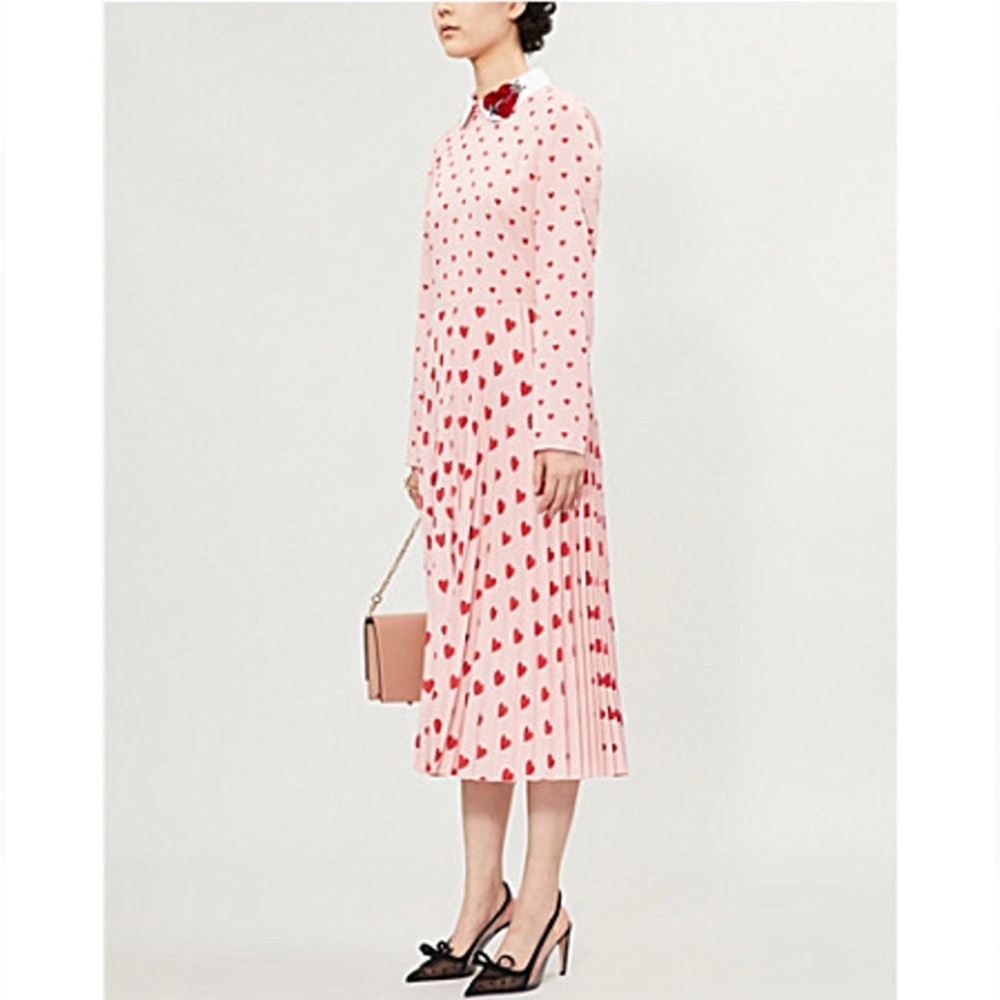 VALENTINO Valentines Heart Midi Maxi Pleated Chine Red Pink Heart Dress 38 8 - Picture 6 of 16